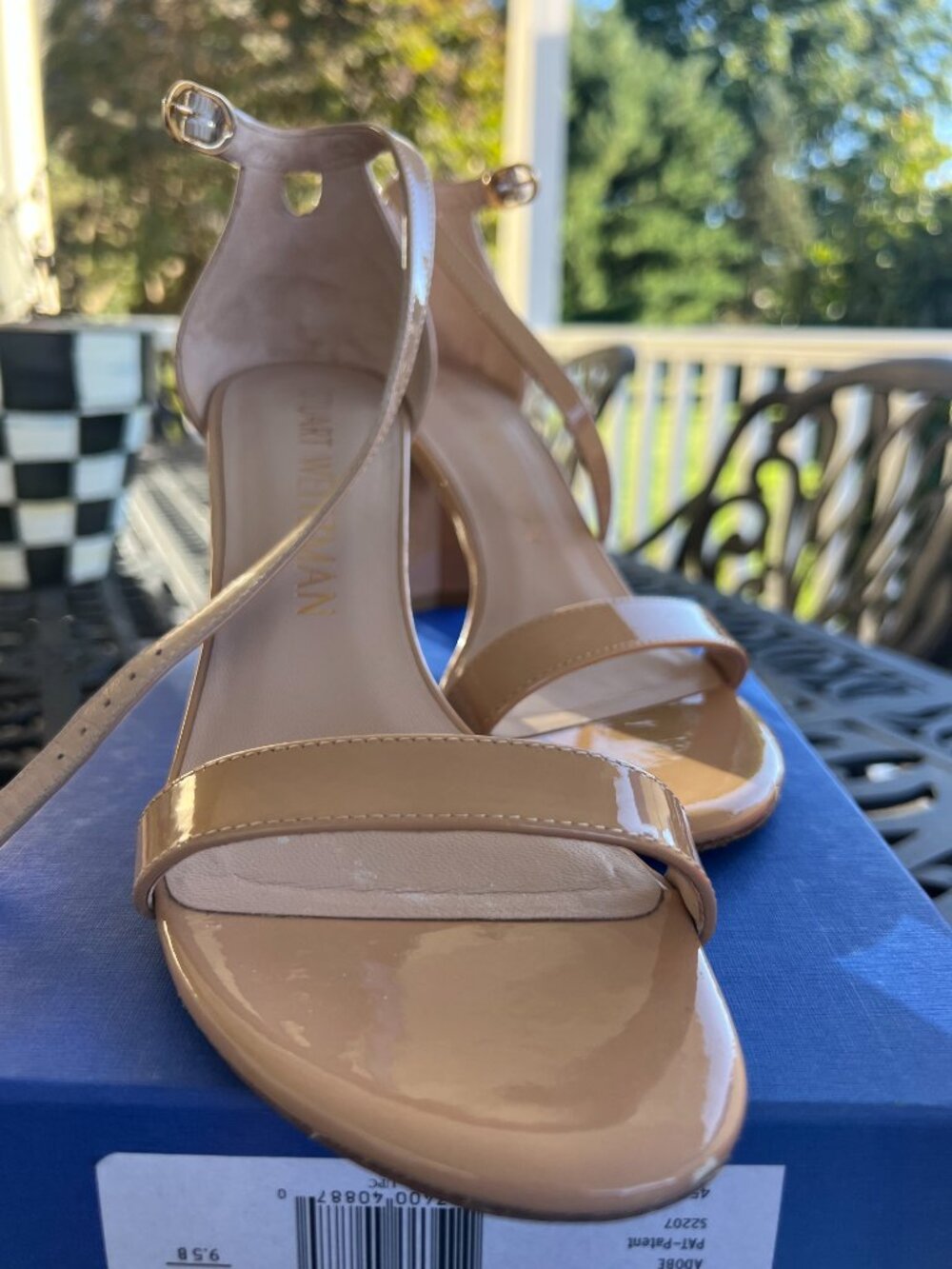 Stuart Weitzman Adobe Nearly Nude Patent Leather Sandals Heels 9.5B 40